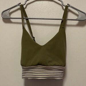 Khaki Ribbed Sports Bra with Striped Band